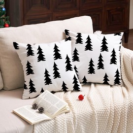 JOJOGOGO Minimalist Neutral Christmas Decor Black Tree Pillow Covers 18x18 Set of 2, 18 x 18 Vintage Christmas Tree Decorative Throw Pillows, Black and White Winter Holiday Pillows for Sofa Couch