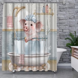 Rasrantyed Whimsical Pig in Bathtub Shower Curtain, Farmhouse Bathroom Decor, Watercolor Animal Art, Polyester Fabric 72x72 inch with Hooks, Bathroom Decor