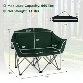 MAT EXPERT Double Camping Chair, Oversized Heavy-Duty Lawn Chair w/Carry Bag, Cup Holder & Load Capacity up to 660 LBS, Portable 2-Person Loveseat for Beach, Fishing, Lawn, Field & Travel, Green