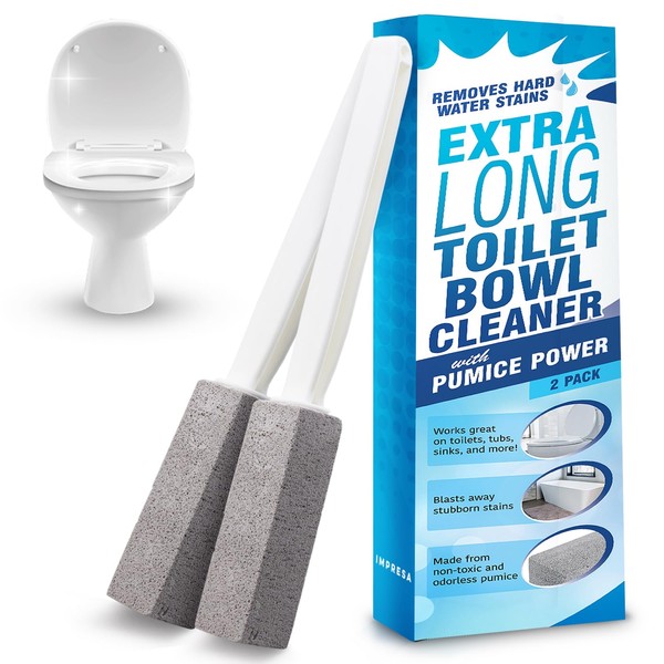 Impresa - 2 Pack Pumice Stone Toilet Bowl Cleaner with Extra Long Handle - Limescale Remover - Brush Wand for Bathroom - Also Cleans BBQ Grills, Tiles, Grout, and Swimming Pools