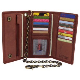 CAZORO USA Motorcycle Chain Wallet for Men – 100% Natural Genuine Leather, Long Trifold RFID Blocking, Credit Card Money Organizer - Men’s Trucker Biker Metal Chain Wallets (Hot Pink)