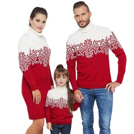Momkonzz Ugly Christmas Sweater Family Matching Sweater with Snowflake Knit High Neck Pullover Xmas Holiday Party Clothes for Women/Men/Boys/Girls/Couple (Kid-5T White Red