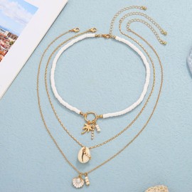 Vatocu Boho Seashell Necklaces Layered Gold Pearl Pendant Necklace Chains 3 Pcs Beads Beach Choker Necklaces for Women