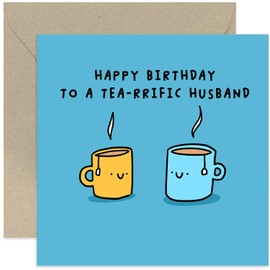 Old English Co. Fun Husband Birthday Card for Him - Fun Tea Pun 'Tea-rrific' Birthday Card for Husband - Birthday Gifts for Men - Hilarious Colourful Birthday Card for Him | Blank Inside