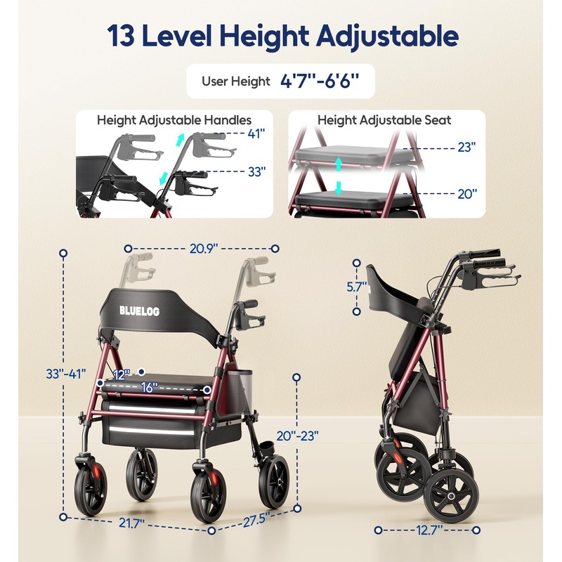 Bluelog Walkers for Seniors Rollator Walkers with Seat, 350lb Capacity