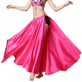 MUNAFIE Long Skirt with Slit Belly Dance Skirt Satin Skirts for Women Belly Dance Costume, rose