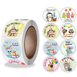 500 Pcs Round Cartoon Birthday Wishes Stickers for Kids & Teacher Rewards, School Supplies - Little Animal Incentive Roll Stickers for Potty Training & Classroom - U108 Series