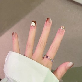 CEBOIC Glue-On Nails, Handmade Gel Nails, Press On Nails, Caramel Brown Artificial Nails with Heart-Shaped Decoration for Girls and Women, Everyday and Party, Pack of 10 Luxury Reusable Nails Set