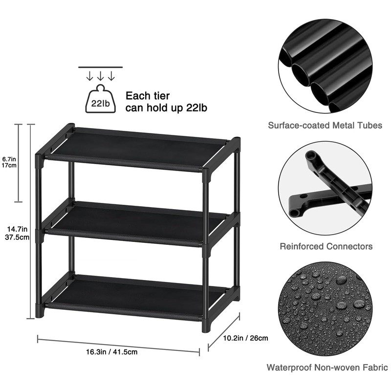 3 Tier Extra Small Shoe Rack (16.3" Wide), Narrow Stackable