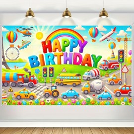 BlissYard Happy Birthday Backdrop Colorful Cartoon Cute Car Happy Birthday Backdrop Boys Birthday Party Decorations Photography Supplies 70x 43Inch