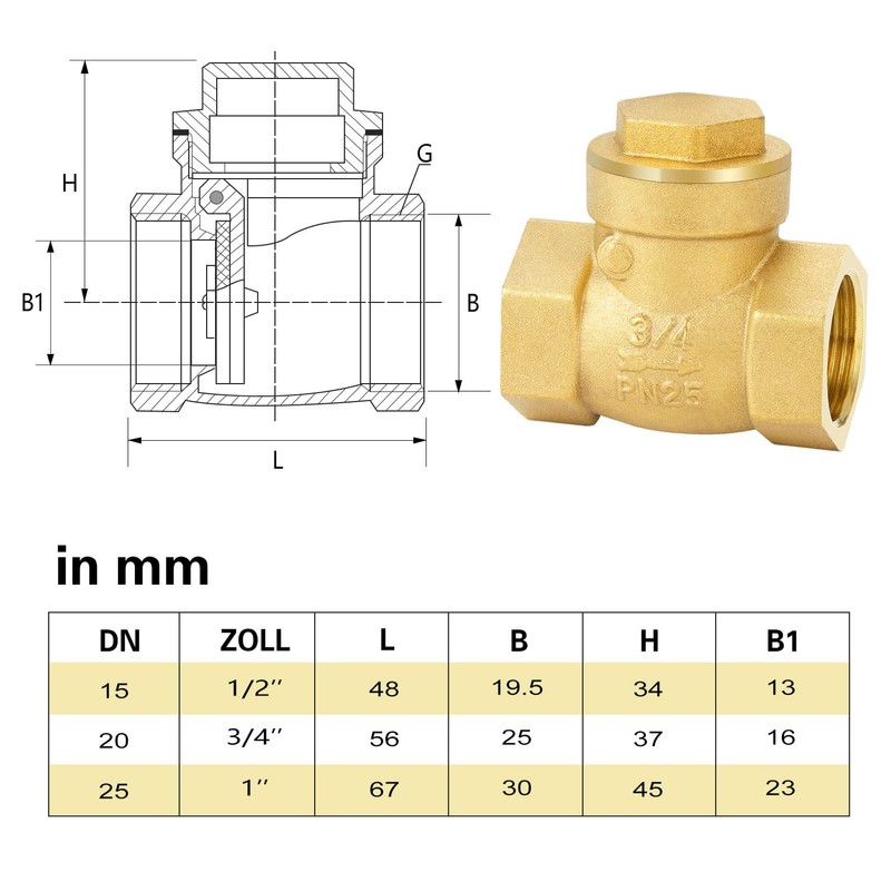nutmanel Check Valve Female Thread Brass Check Valve 3/4 Inch