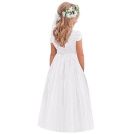 2Bunnies Girl Paisley Lace Back A-Line Tutu Tulle Party Flower Girl Dresses (Short Sleeve Maxi-White, 7/8)