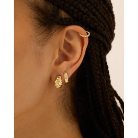 PAVOI 14K Gold Plated Chunky Lightweight Hoop Huggie Earrings for Women | Chic Boho Ribbed Croissant Scallop Statement Jewelry Earrings, White Gold, No Gemstone