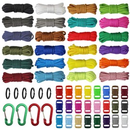 24 Colors Paracord Cord Nylon Rope 4mm 7-Strand Ropes Parachute Cord Outdoor Survival Rope with Buckles Keyrings Carabiner Clips DIY Paracord Bracelets, Key Chain, Dog Collar, DIY Lanyards (Kit B)