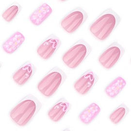 White French Press on Nails Short Square QUNQINLI Summer False Nails Nude Acrylic Fake Nails Press ons with Heart Flowers Design Glue on Nails Cute Stick on Nails for Women Manicure Tips 24 Pcs