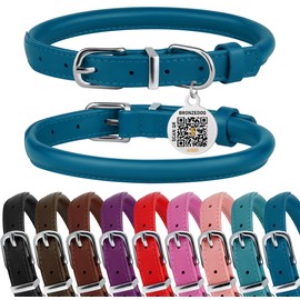 BRONZEDOG Rolled Leather Dog Collar with QR ID Dog Tag, Adjustable Round Pet Collars, Durable Metal Buckle for Small Medium Large Dogs Puppy Cats Blue Red Pink Teal Powder (12-14 inch, Ocean Blue)
