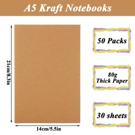 MIVIDE 50 Pack A5 Blank Kraft Notebooks, Bulk Pack 8.3” x 5.5” Notebooks 30 Sheets 60 Pages, Lined Travel Notebooks for Writing, Making Plans, School Office Supplies