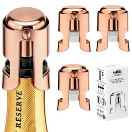 Champagne Stoppers for Bottles, Pafusen Champagne Sealer Stopper, Stainless Steel Champagne Cork Stopper Toppers, Saver for Champagne Cava Prosecco Sparkling Wine (Champagne -3-Pack-Rose Gold)