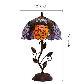 AVIVADIRECT Tiffany Lamp Orange Red Rose Flower Stained Glass Table Lamp Desk Bedside Reading Light 12X12X19 Inches with Metal Leaf Base Decor Bedroom Living Room