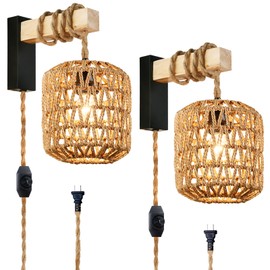 Capslad Plug in Wall Sconces Set of Two Dimmable Boho Rattan Wall Lamp with Wood Arm Rustic Wall Mount Lamp with Hemp Rope Cord Farmhouse Wall Light Fixture for Bedroom Living Room Entryway