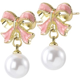 Joez Wonderful Bow Stud Earrings, Light Pink Bow Earrings for Women, Golden Edge Bow Pearl Dangle Earrings for Brides Bridesmaid Wedding Jewelry Dress