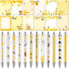 Dispowreath 24 Pcs Sticky Notes with Pens Animal Lover Gift Bee Sloth Cat Llama Corgi Highland Cow Horse Dachshund Cute Memo Notes Black Ink Ballpoint Pens for Office School Christmas Gift(Bee)