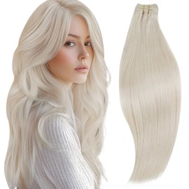 RUNATURE Blonde Weft Hair Extensions Human Hair 22 Inch Straight Weft Human Hair Extensions Ice Blonde Hair Weft Extensions Hand Tied Weaving Bundles Long Sew in Hair Extensions Remy Hair 100G