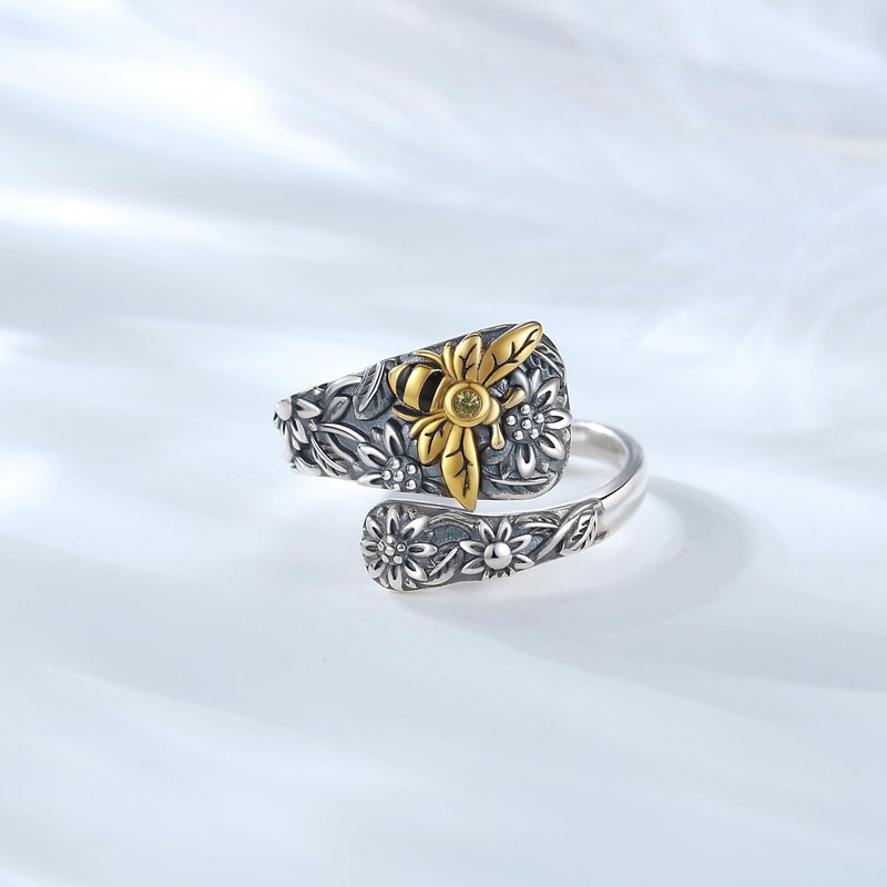BEILIN Sunflower Bee Rings 925 Sterling Silver Spoon Ring Vintage