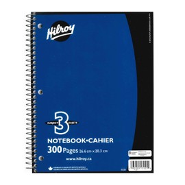 Hilroy Coil 3-subject Notebook, Wide Ruled, 10.5 X 8 Inches, 300 Pages, Assorted Color Covers (13225)