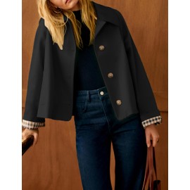 Dqbeng Womens Cropped Trench Coat Classic Collar Oversized Casual Jackets with Checkered Lining (Black-M)