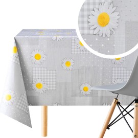KP HOME PVC Wipe Clean Table Cloth Rectangular 200x140 cm / 78x55 In - Wipeable Tablecloth up to 6 Seats Waterproof Plastic Cover Kitchen Vinyl Oilcloth Grey Daisy Chamomile Flower Patchwork Design