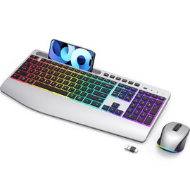 Silver Wireless Keyboard and Mouse Combo - Dual System RGB Backlit Mouse and Keyboard Advanced Optical Tracking, Lag-Free Wireless,Ergonomic Keyboard, 90% Less Noise Silver-V1