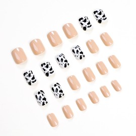 Vezocim Press on Nails Short Length Square Shape 24Pcs Brown Glue ons Nails Coffin with Cow Print Designs Glossy Full Cover Acrylic Short False Nails Fingernails Artificial Fake Nails for Women