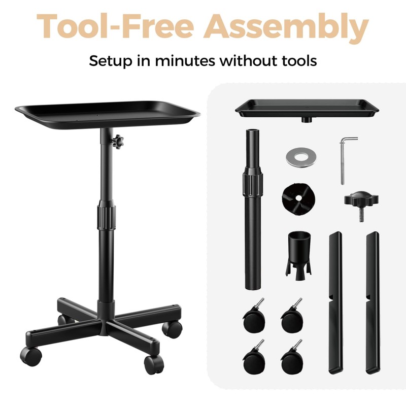 36" Salon Tray on Wheels Black, Adjustable Height Tattoo Tray