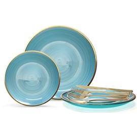 " OCCASIONS " 360 Pcs set (60 guest) Wedding Disposable Plastic Plate and Silverware Combo 10" + 7" + Gold Silverware (Double Fork) (Belize in Blue & Gold)