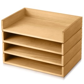 Yeaqee 4 Pcs Stackable Paper Organizer Tray Wood Desk Organizer Letter Tray Desktop Letter Size Office Wooden Desk Shelf Paper Holder Folder Organization Rack for Mail File Document(Light Wood Color)