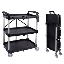 Elevon Folding Utility Cart, Portable Collapsible Service, 3 Shelf Heavy Duty Collapsible Tool with Wheels, Suitable for Office Warehouse Home, Black