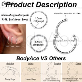 BodyAce 16G 18G Hoop Rings for Piercings, Stainless Steel Helix Tragus Earrings Hoop Nose Rings, 5pcs Lip Rings Sleeper Hinged Huggie Hoops [16G(1.2mm),Hoops:14mm]