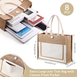 Reginary 8 Pcs Burlap Tote Bags Bulk Large Jute Tote Bags with Handles Reusable Canvas Gift Bags for Wedding Travel(Beige)
