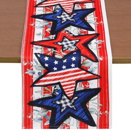 Quera Independence Day Table Runner Stars Stripes 4th of July Patriotic Memorial Holiday Kitchen Dining Table Decoration,Burlap Table Cover, 13 x 70 Inch
