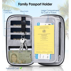 ENONEO Travel Accessories Family Passport Holder RFID Blocking Travel Wallet Document Organiser with Quick-Access Pockets & Shoulder Strap, Holiday Essentials for Cards Tickets Cash