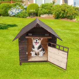 AGULIUM Wooden Dog House with Window and Door, Indoor Outdoor Dog House for Small to Large Sized Dogs, Pet House Dog Kennel for Beagle Poodle Cocker Dogs(Brown, 30'' x 34'' x 31'')
