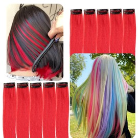 Colored Hair Extensions for Kids, Colorful Clip In Hair Extensions for Girls, Red Hair Extensions for Women, 10Pcs 22 inch Synthetic Hair
