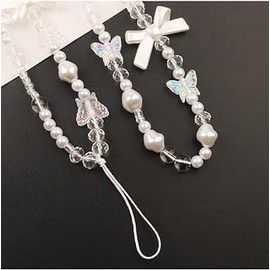 Jizlan White Mobile Phone Lanyard Phone Chain Bow, Pearl Beaded Phone Lanyard Wrist Strap Anti Lost Phone Charm Strap Fashion Keychain Wallet Decoration Pendant for Women Accessories