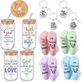 Funnymoom 12 Pcs Christian Gift Set Easter Gifts 16 oz Inspirational Bible Verse Glass Cups with Lids and Straws Brushes Religious Socks and Motivational Keychains for Women Men Coworkers