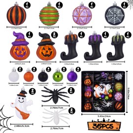 Fashlits Halloween Ball Ornaments Set, Shatterproof Halloween Tree Decorations Cute Pumpkim Ghost Spider Hanging Ornaments for Holiday Party Indoor Home Decor (35Pcs)