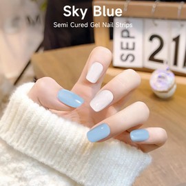 DUKASOU Semi Cured Gel Nail Strips, 28 Pcs Gel Nail Stickers Full Nail Wraps Work with Any UV Nail Lamps, DIY Gel Nail Strips for Home, Includes Prep Pads, Nail File & Wood Stick(Sky Blue)