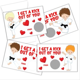 Valentines Day Karate Boy Scratch Off Card for Kids, DIY Valentine's Card, Class Valentine, Pack of 24 Cards with Envelopes