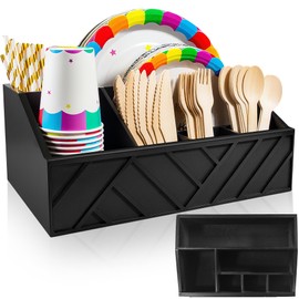 Wacloud Paper Plate Dispenser with 6 Compartments – Wooden Utensil & Silverware Caddy Holder for Party, BBQ, Camping – Disposable Cutlery Organizer for Kitchen Countertop or Buffet Station, Black