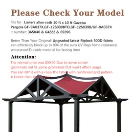 SCOCANOPY Replacement Top Fit for Lowe's Allen Roth 10X10 Ft Gazebo Model #GF-12S039B / GF-9A037X,(Burgundy)